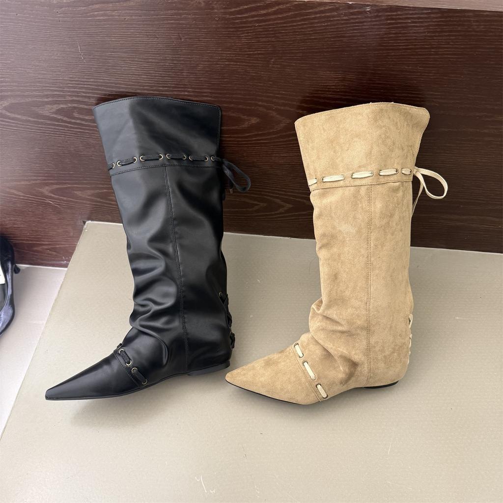 Inner Height Increase Pointed Suede Pile Long Boots Women's Shoes 2025 New Autumn and Winter Thin Medium Tube Knight Boots