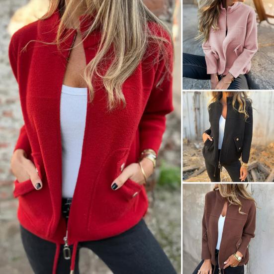 Women Jacket Stand Collar Long Sleeve Woolen Coat with Pockets Solid Color Warm Lightweight Coat Daily Wear