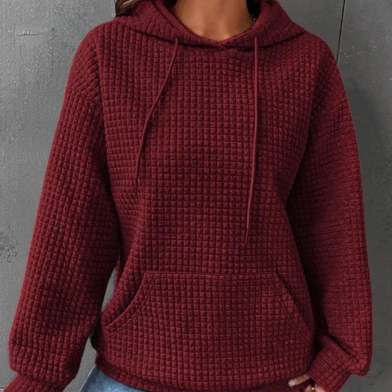 Autumn and Winter Ladies Casual Solid Color Waffle Hooded Long-sleeved Sweater