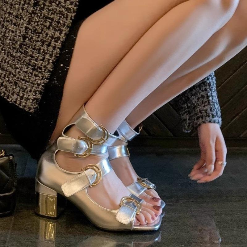 Fashion Square Toe Block Heel High Top Sandals Women's New Fashion Roman Belt Buckle Versatile Heightened Temperament High Heels
