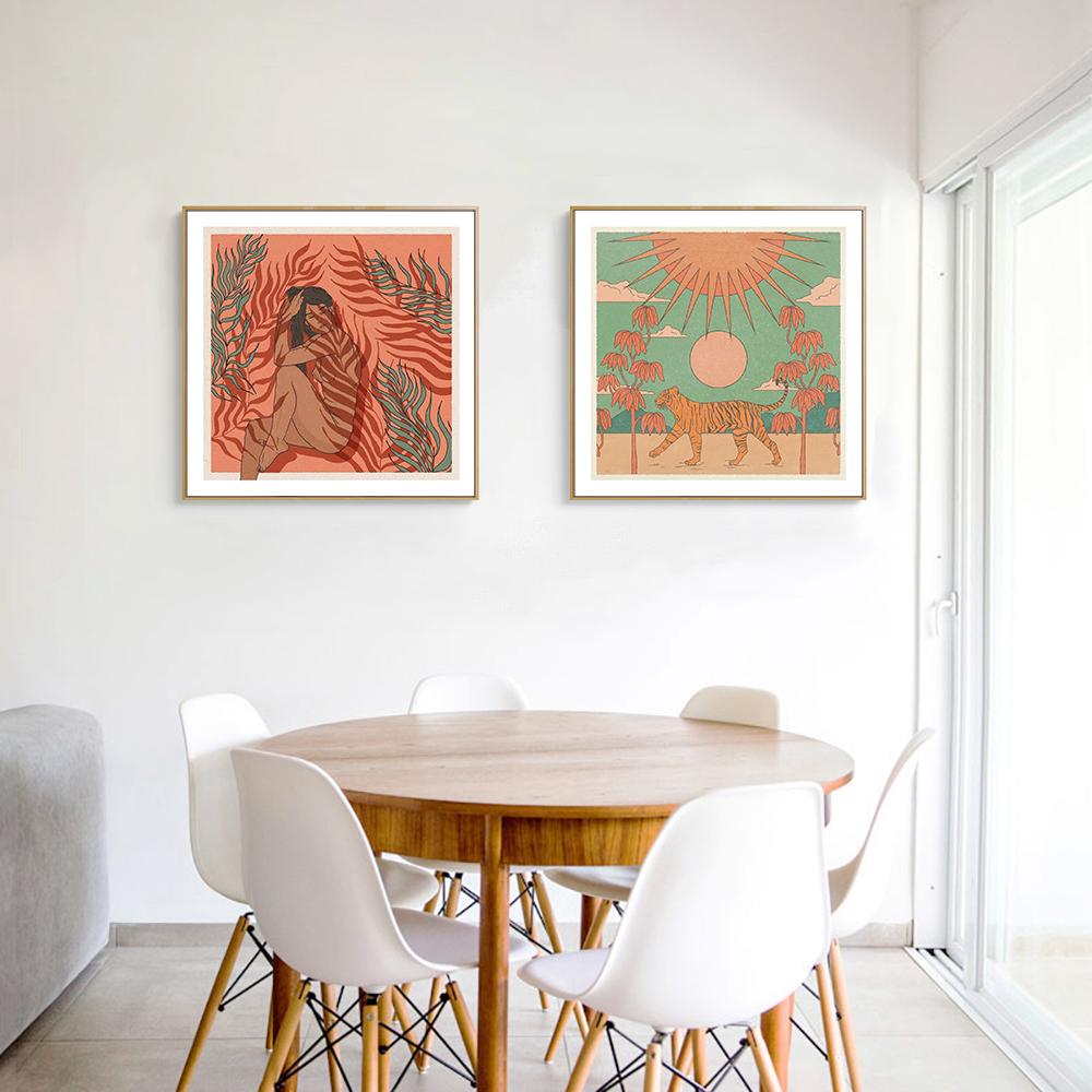 Square Poster Art Prints Boho Abstract Woman and Leopard Snake Nordic Retro Sun Face Mind Canvas Painting Living Room Home Decor
