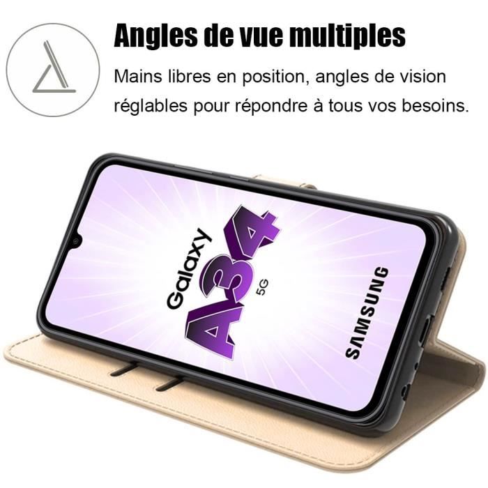 Case for Samsung Galaxy A34 5G with 2 Tempered Glasses - Protection Golden Leather Effect Magnetic Closure
