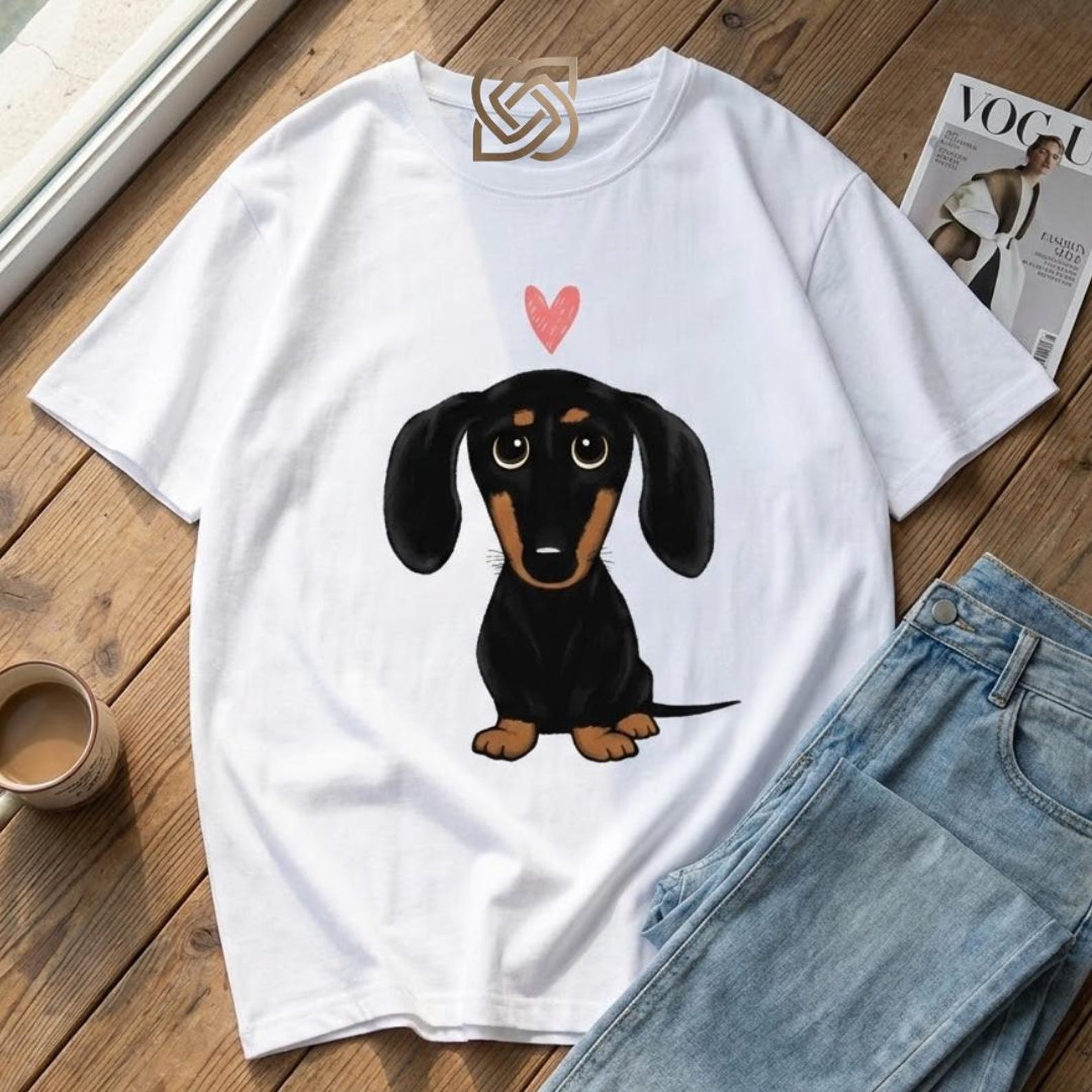Dachshund Heart Y2K Graphic T-Shirt — Cute Retro Wiener Dog Summer Top — Fashionable Black and Tan Doxie Female Tee — Funny Cartoon Dog Gift 3XL