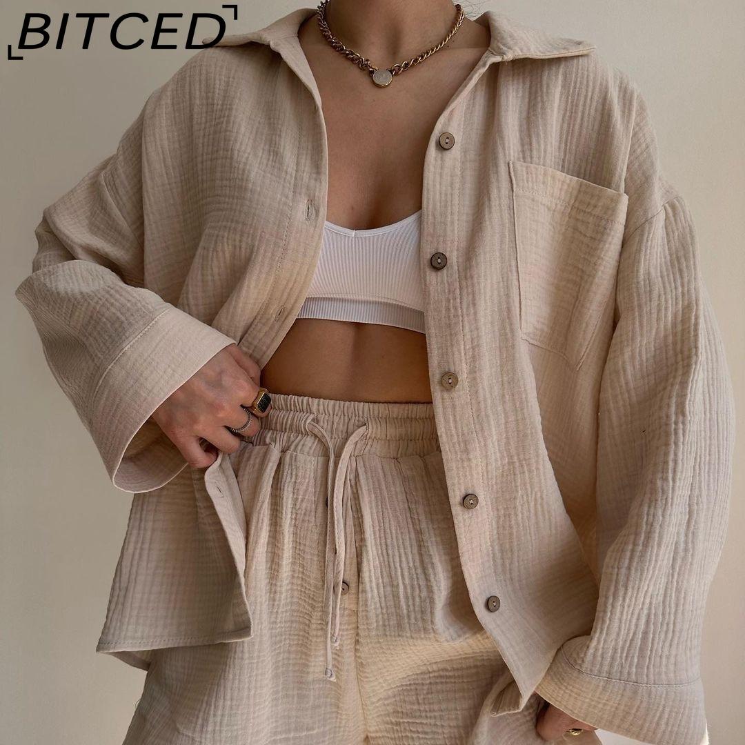 

BITCED женская рубашка с длинными рукавами из ткани с рюшами и лацканами, шорты с высокой талией и шнурком, модный повседневный комплект из двух предметов