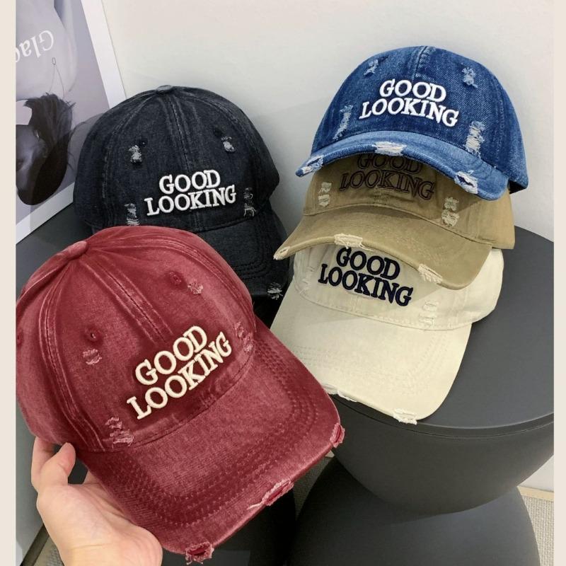 Hole letter embroidery washed baseball cap for men and women, spring and autumn outdoor face small new fashion cap