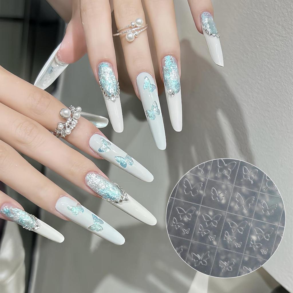Transparent Butterfly & Star Nail Art Stickers with Gradient, Chrome, and Glue Templates