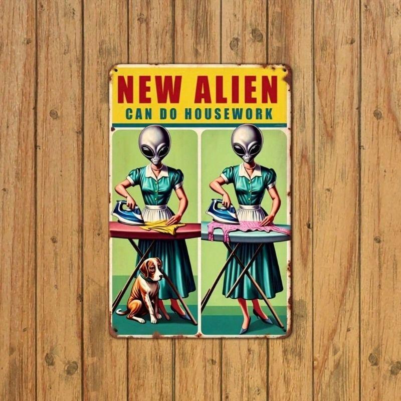 Vintage Metal Poster Wall Art, Alien Housework Retro Garage Decor