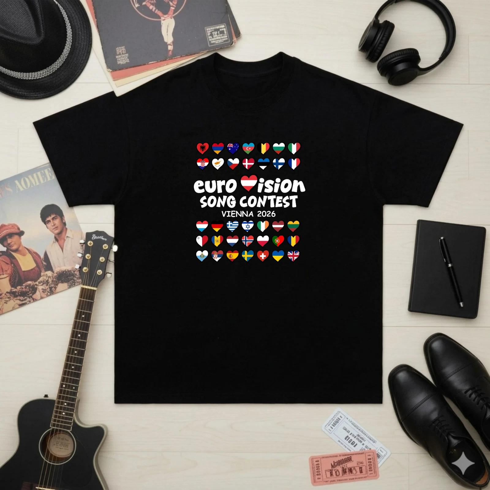 Eurovision 2026 Flag T-Shirt, Vienna Song Contest 2026 Shirt, Heart Flags Tee S