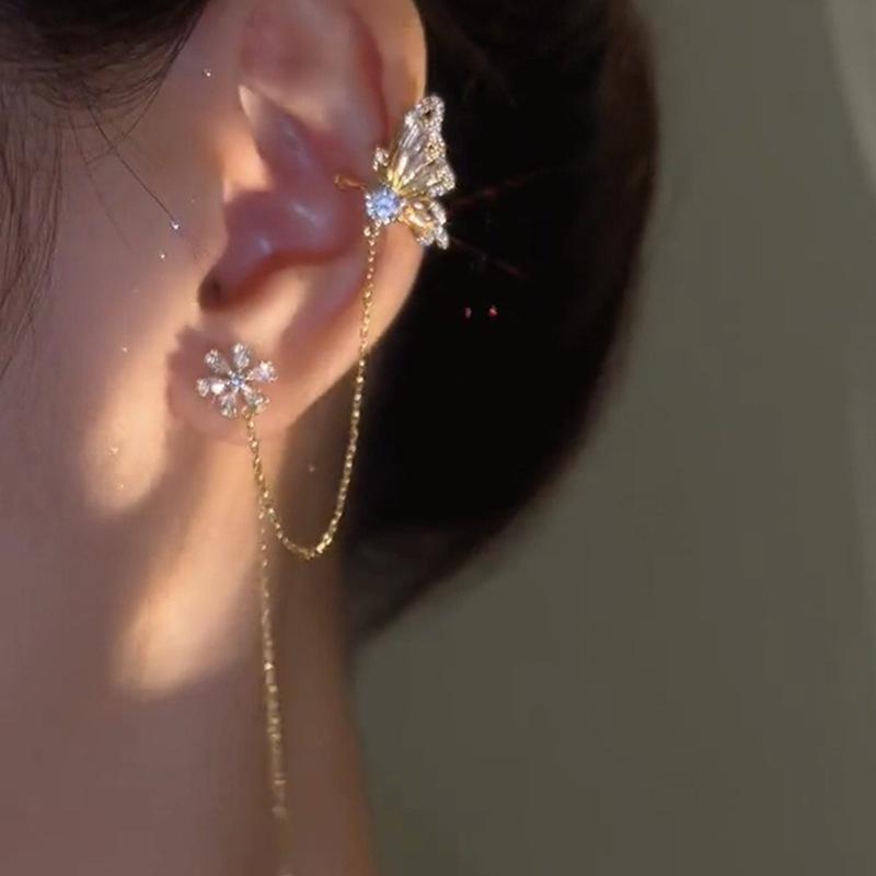Second-line integrated butterfly love flower earbone clip earrings niche design high-end light luxury earclip temperament fringed earrings