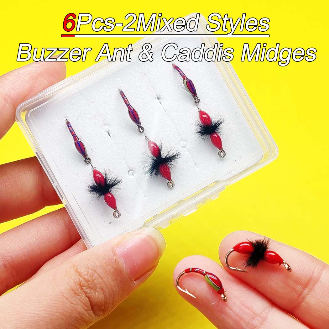 

2 смешанных стиля-6/10 шт./коробка мушки для ловли рыбы нахлыстом наживка для крючка (Сухая муха - Красный жужжащий муравей и ручейники) Искусственная наживка для форели/окуня/карпа из высокоуглеродистой стали 2Mixed Styles(6Pcs)