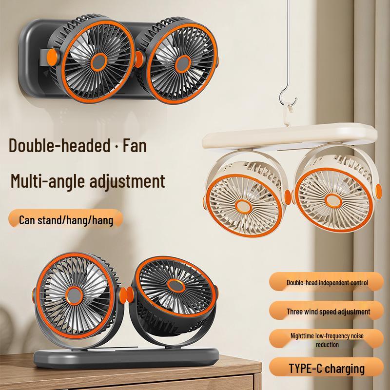 USB Rechargeable Dual-Head Desktop Fan for Home and Car, High Wind Power Air Circulator