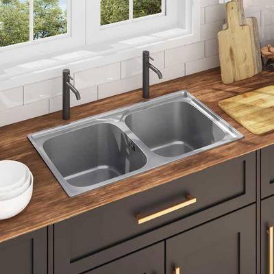 Vidaxl Kitchen Sink with Strainer and Siphon, Double Bowl, Stainless Steel