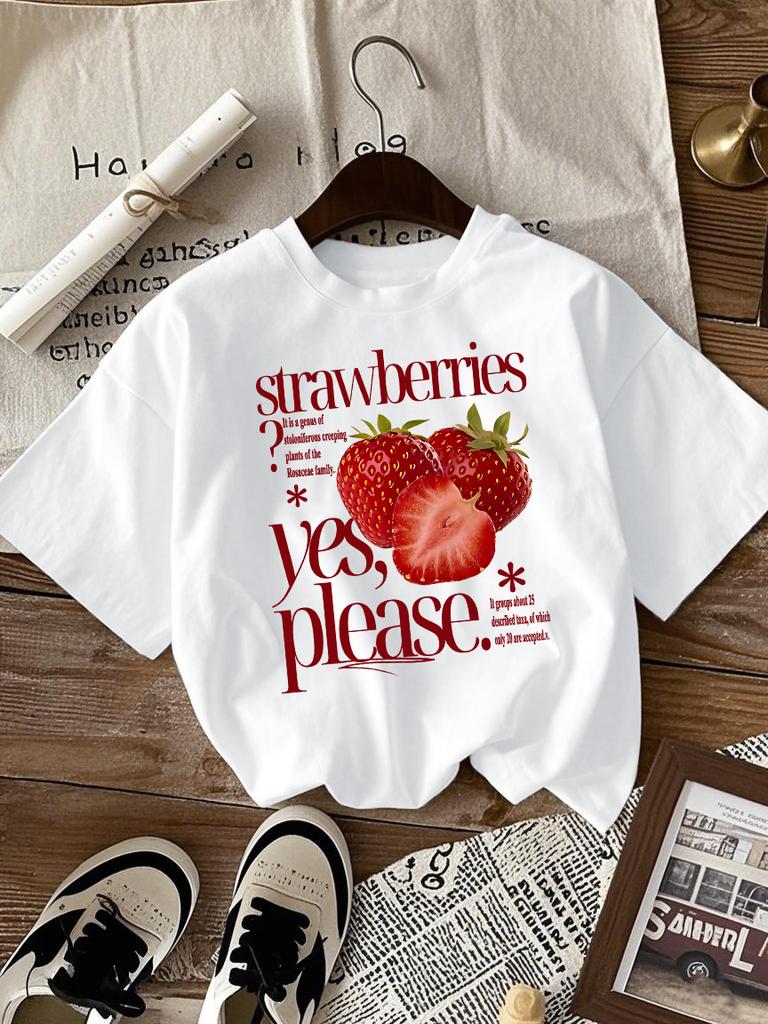 Strawberries Fruit Yes Please Printed Tee Shirts Woman Cotton Crewneck T Shirt Sport All-Match Streetwear Casual Loose Clothes