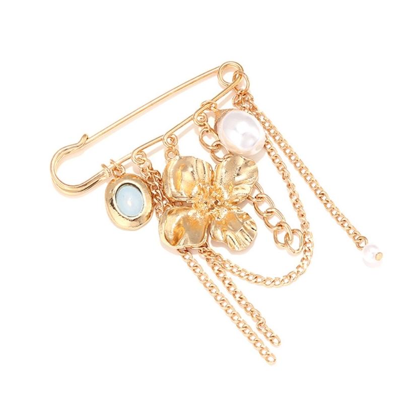 Gold Tone Flower Pin with Bead Drop Details and Chain Drape, Decorative Safety Pin Outfit Detail for Dresses, Knitwear, Scarves and Jackets