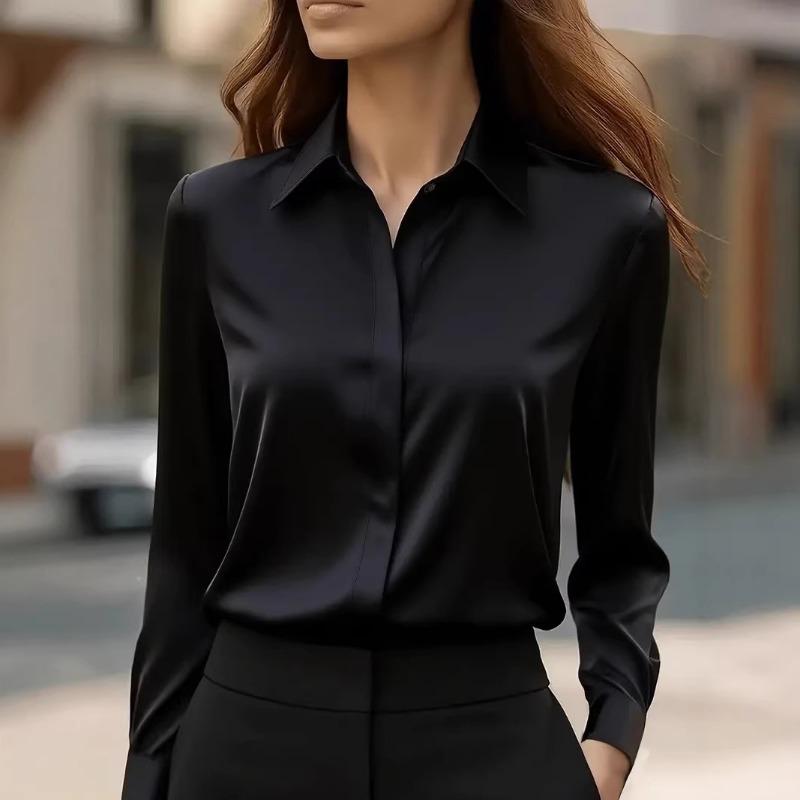 Autumn New Solid Color Long-sleeved Lapel Satin Fashion Versatile Shirt for Women