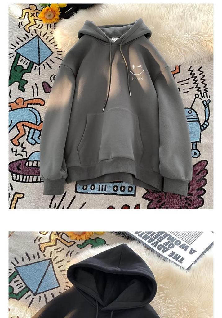 Smiling Face Unisex Hoodie - Spring/Autumn 2024 Trendy Fleece-Lined Loose Fit