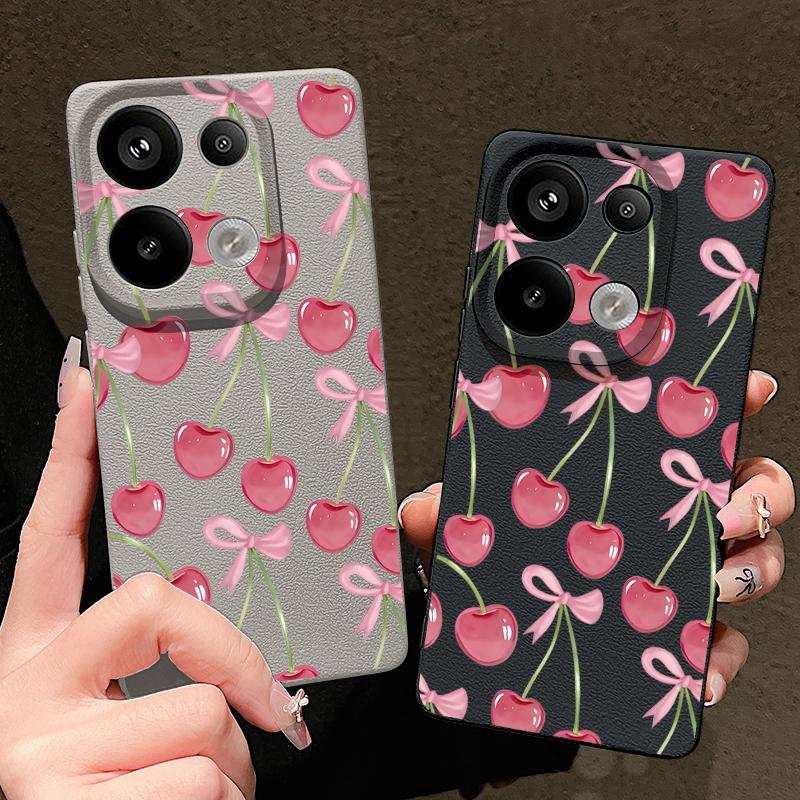 Crystal Cherry Fruits Bowknots Pattern Case For Xiaomi 14T 13T 11T Pro Funda Redmi Note 14 13 Pro 5G 12 11 Leather Texture Silicone Cover