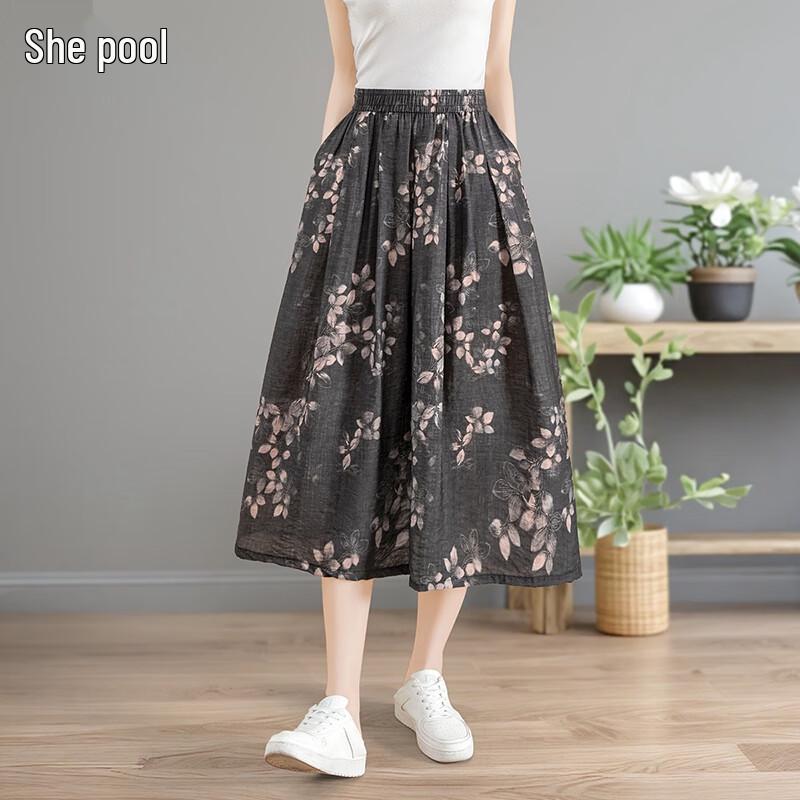Women s Elastic Waist Floral A-Line Midi Skirt One Size