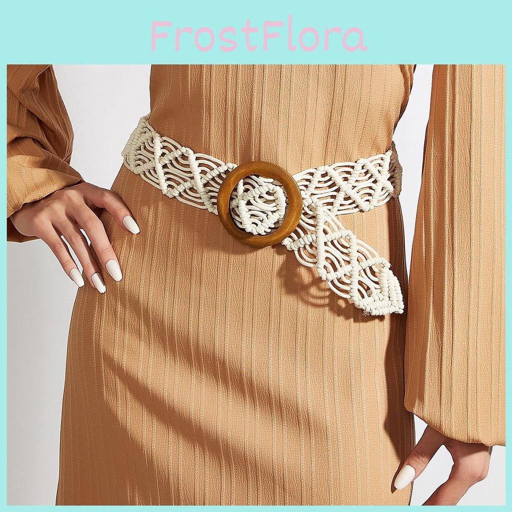 Linen Cotton Retro Belt Women Handmade Woven Waistband Round Wooden Dress Buckle