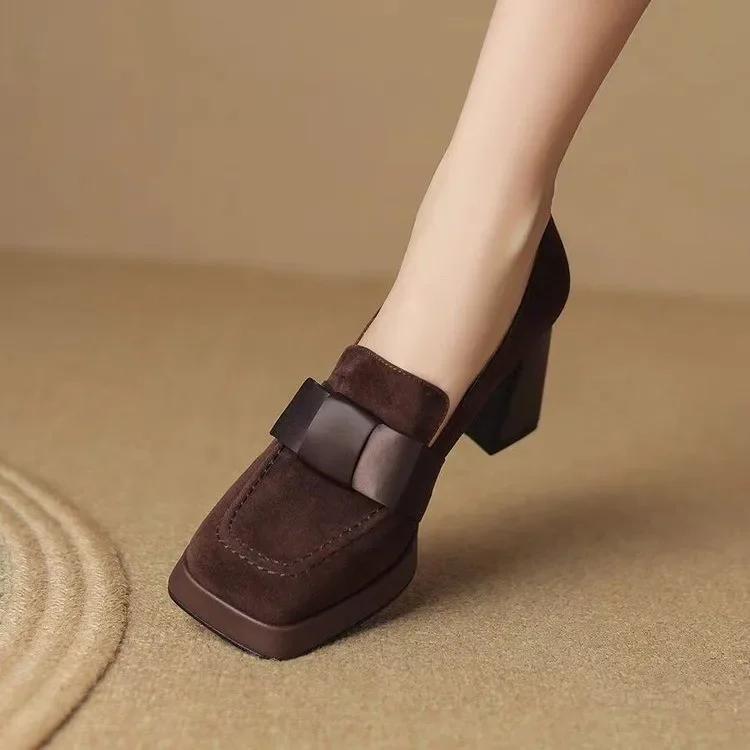 Women High 2025 New Heels Fashion Bow Dress Loafers Female Platform Heels Leather Shoes Mary Jane Retro  Women Shoes Solid Color
