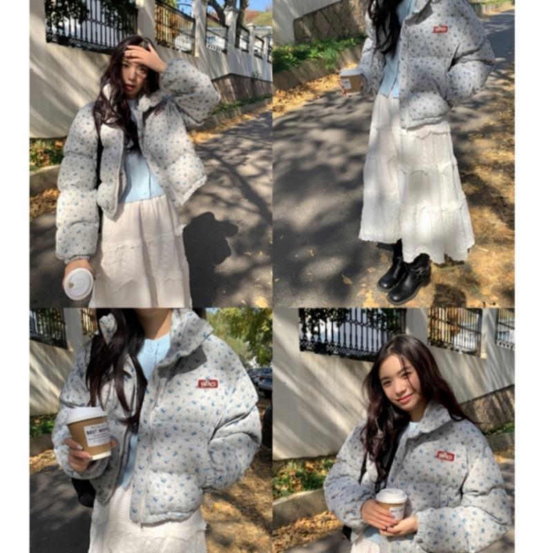 New Small Floral Full Print Stand-up Collar Short Cotton Clothes Women's Winter Thickened Warm Bread Clothes Jacket