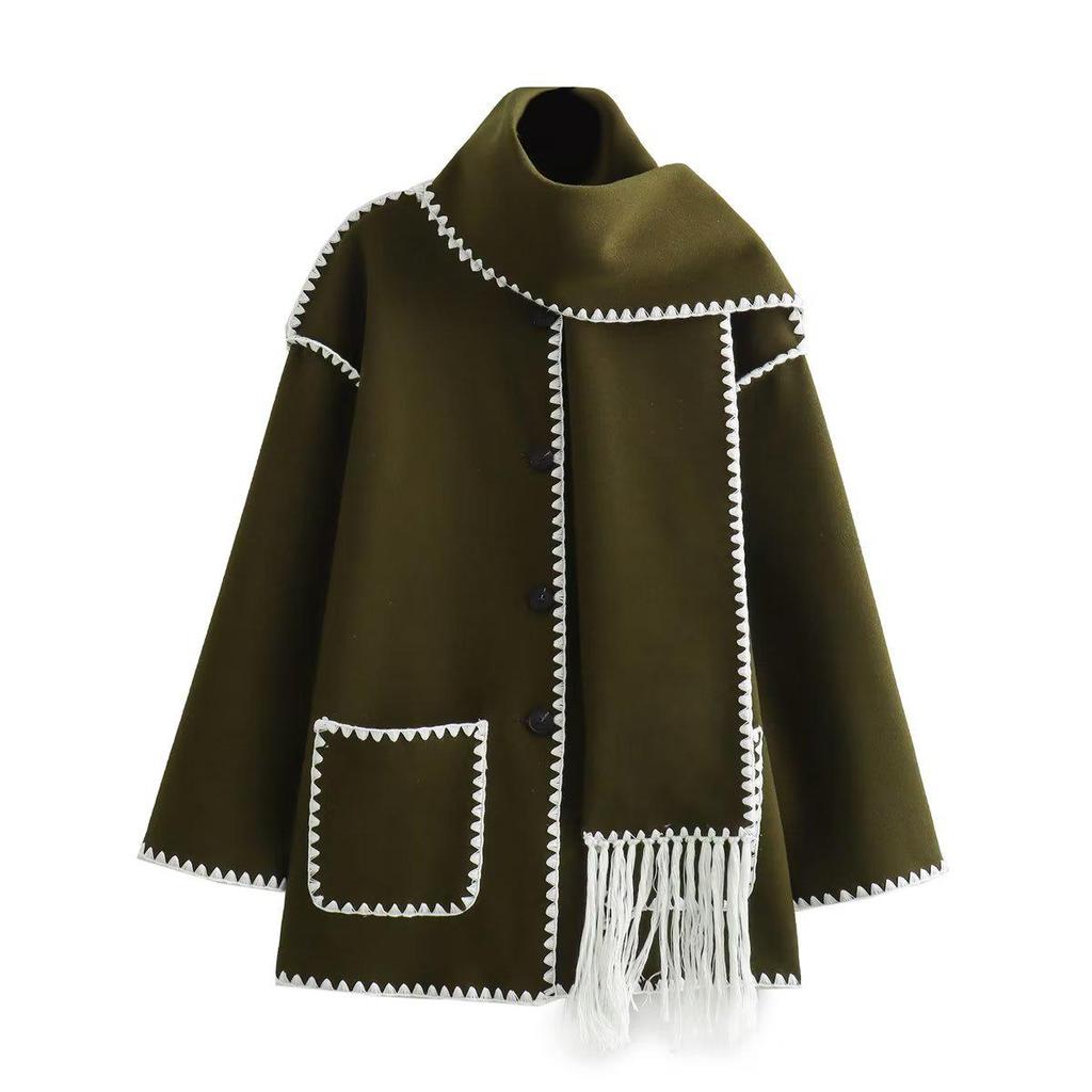 Autumn 2023 Women's Cross-Border Street Fashion Woolen Coat with Scarf Embellishments.