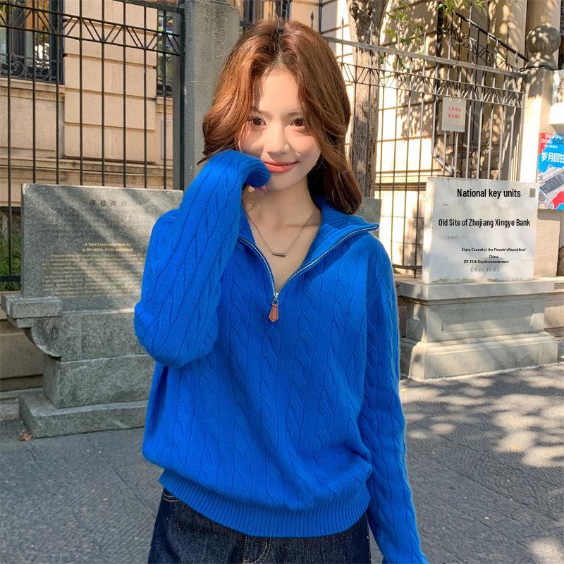 Celebrity Style Cable Knit Half-Zip Sweater: Autumn/Winter Long Sleeve Lapel Top