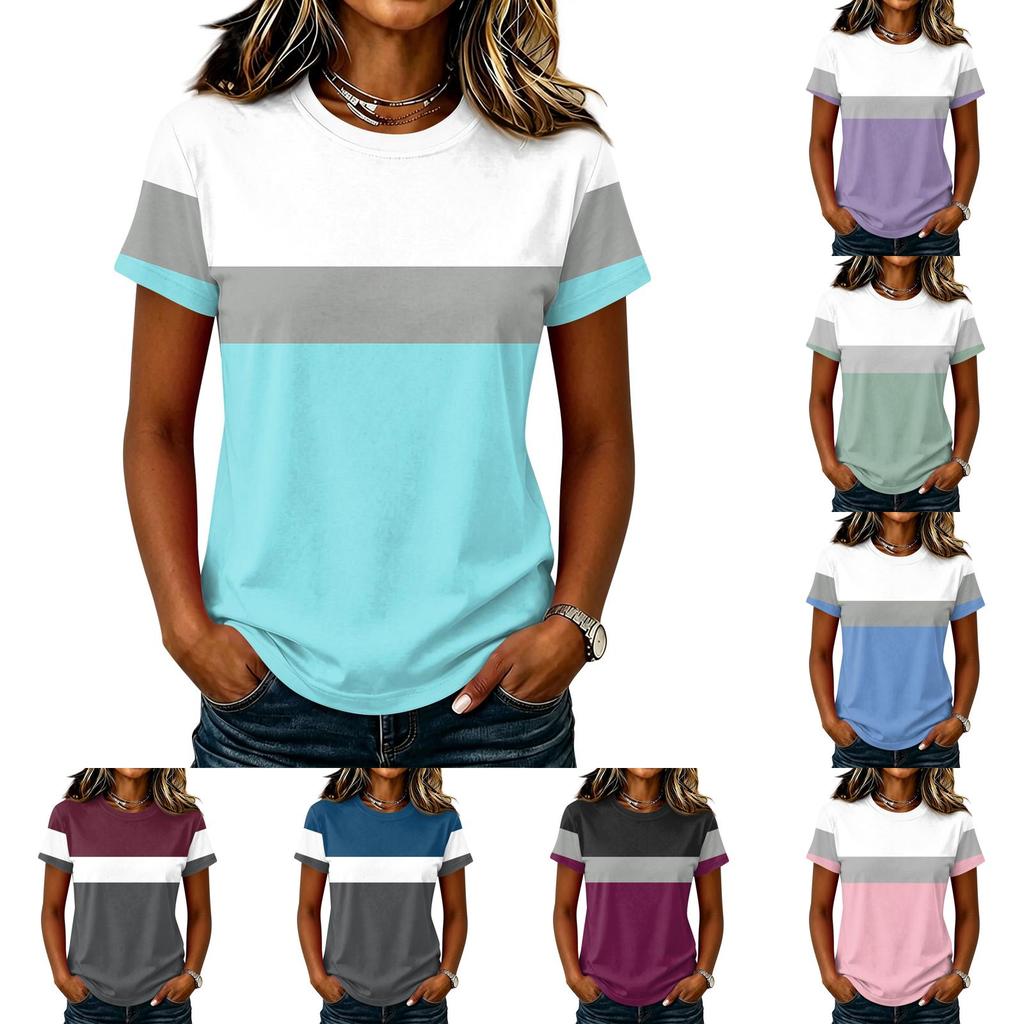 Dames Casual Pullover Korte Mouw T-shirt Kleurblok Bedrukt Top Ronde Hals Lichtgewicht Zachte Stof