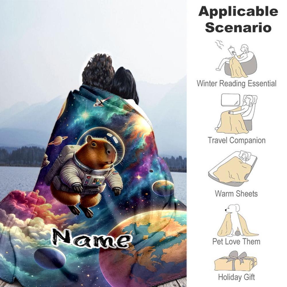 Astronaut Capybara Personalized Name Blanket Gift Personalized Blanket Warmthful Decor Suitable for Bed Couch Home Decor Livingroom for All Occasions