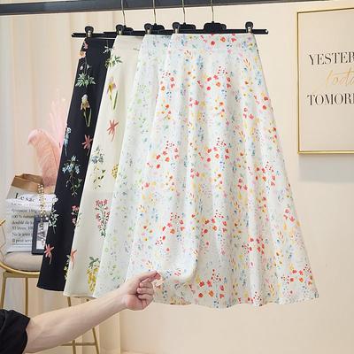 Geblümter Chiffon-Midirock für Damen Sommer Neu Vielseitiger Midilanger A-Linien-Schirmrock