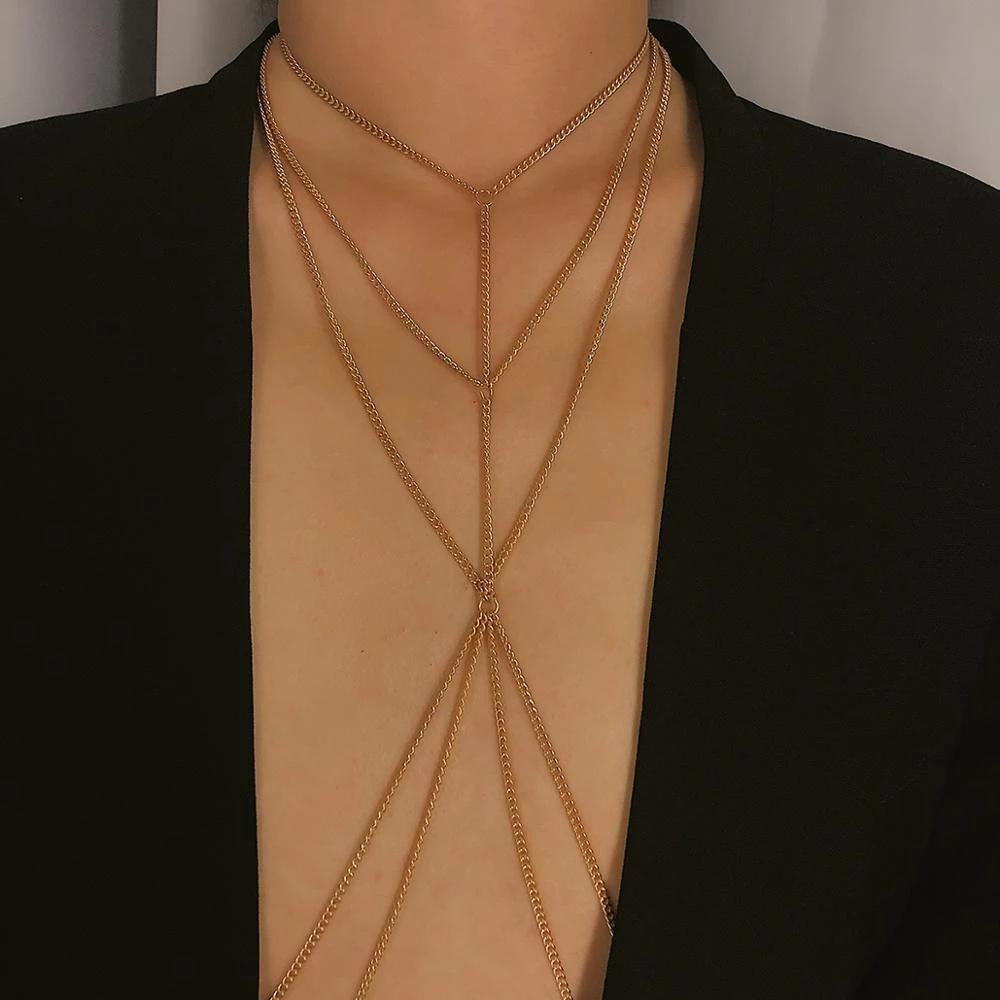 IngeSight.Z Simple Style Chain Necklace Belly Body Chain Fashion Sexy Copper Sequins Body Chain Jewelry for Women Beach Party