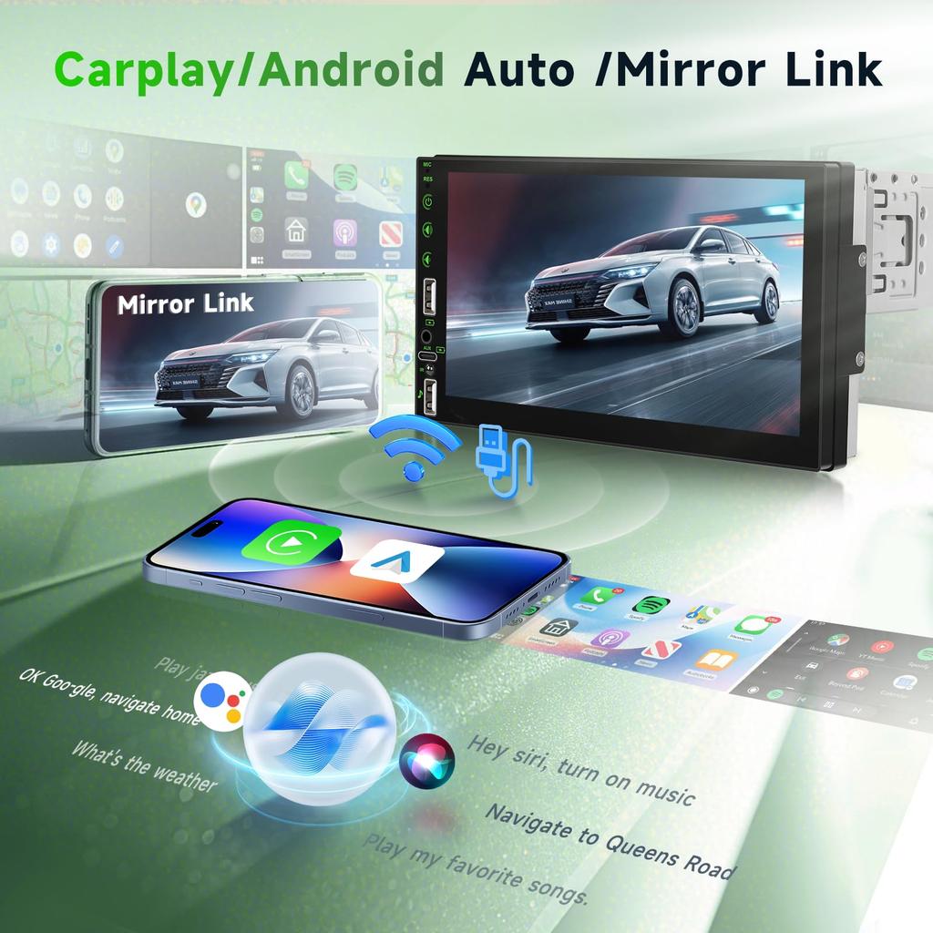 Hodozzy 1Din Car Stereo Wireless Carplay/Android Auto Support Wireless, 7 Inch Touch Screen 1Din