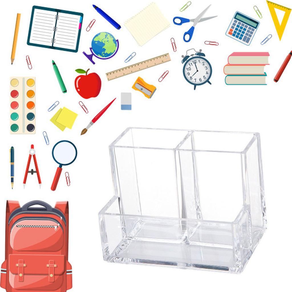 Transparent Acrylic Pen Holder 3 Compartment Large Capacity Students Desktop Storage Organizer for S