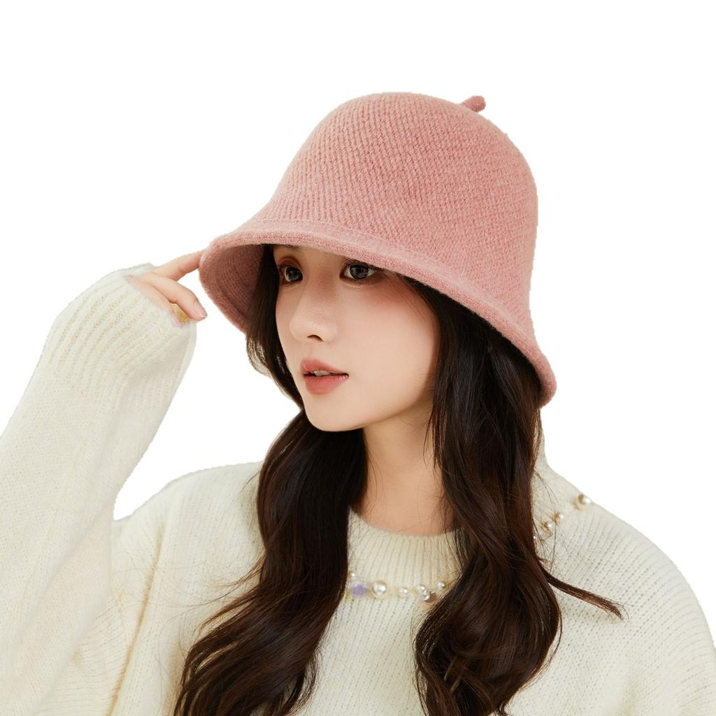 Fashion Bucket Hat Women'S Spring And Autumn Winter Solid Color Knitted Wool Bucket Hat Cover Face Tide Japanese
