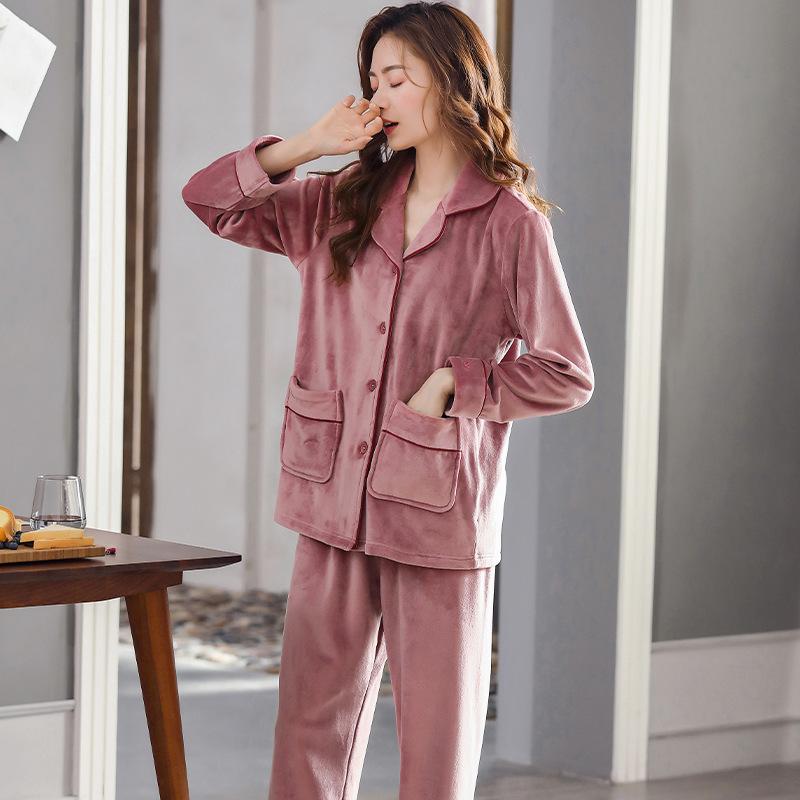 Pajamas Ladies Autumn And Winter Long Sleeves Thickened Island Fleece Warm Coral Fleece Loungewear Flannel Spring And Autumn Set