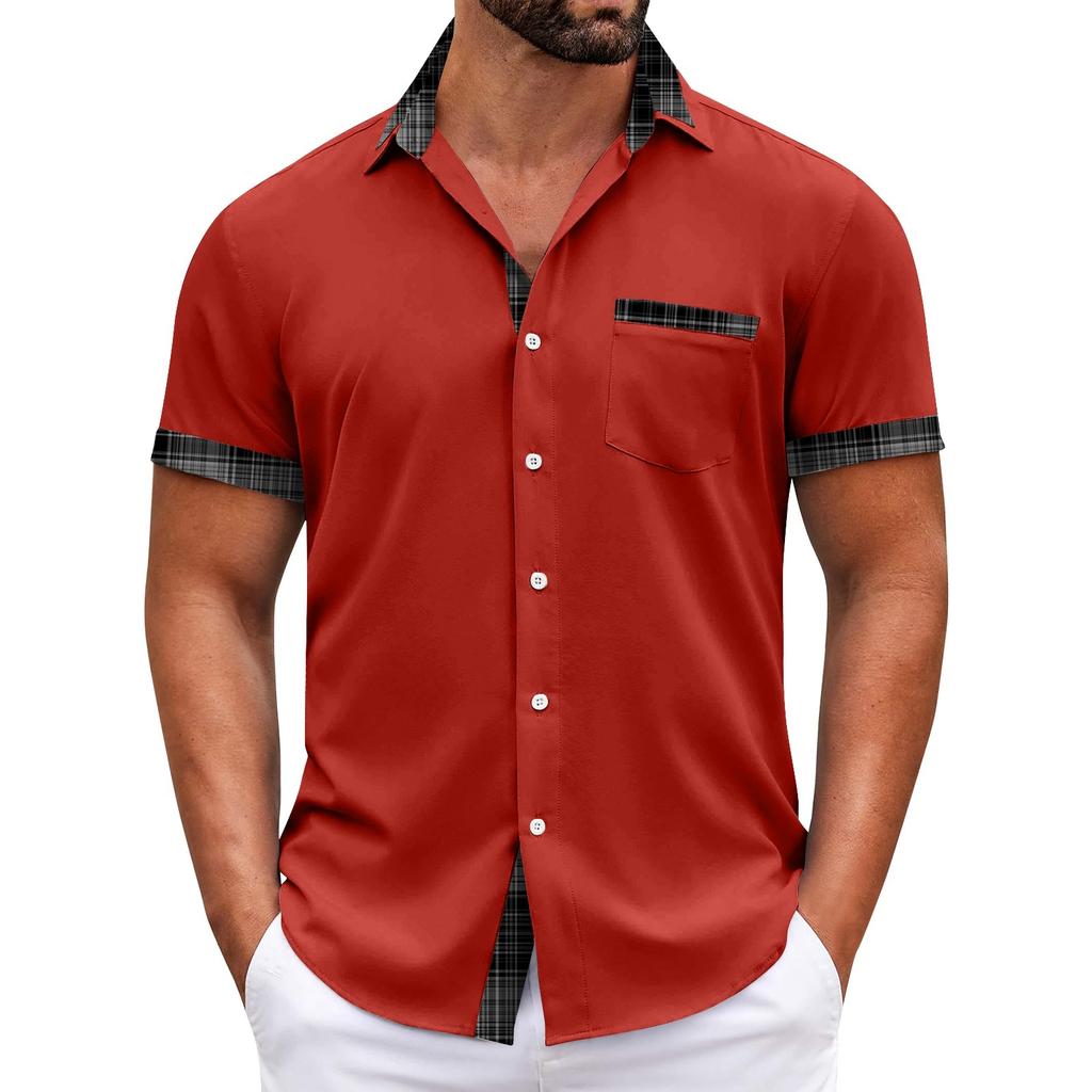 Pánské kostkované košile s krátkým rukávem s potištěným knoflíkem Pánská móda pro volný čas Košile s krátkým rukávem