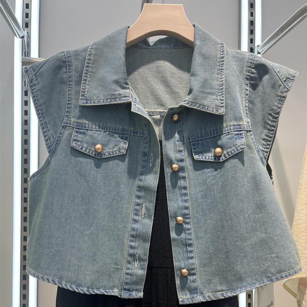 2026 Summer Retro Denim Vest & Solid Strappy Dress Two-Piece Set for Women S (Recommended 80-95 jin)