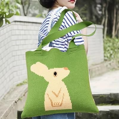 1 Peça Bolsa da Moda Tecida em Lã com Padrão de Coelho Verde - Uma Bolsa Tote Versátil e Tendência de Grande Capacidade, Ideal como Sacola de Compras ou Bolsa Tote para o Dia a Dia.