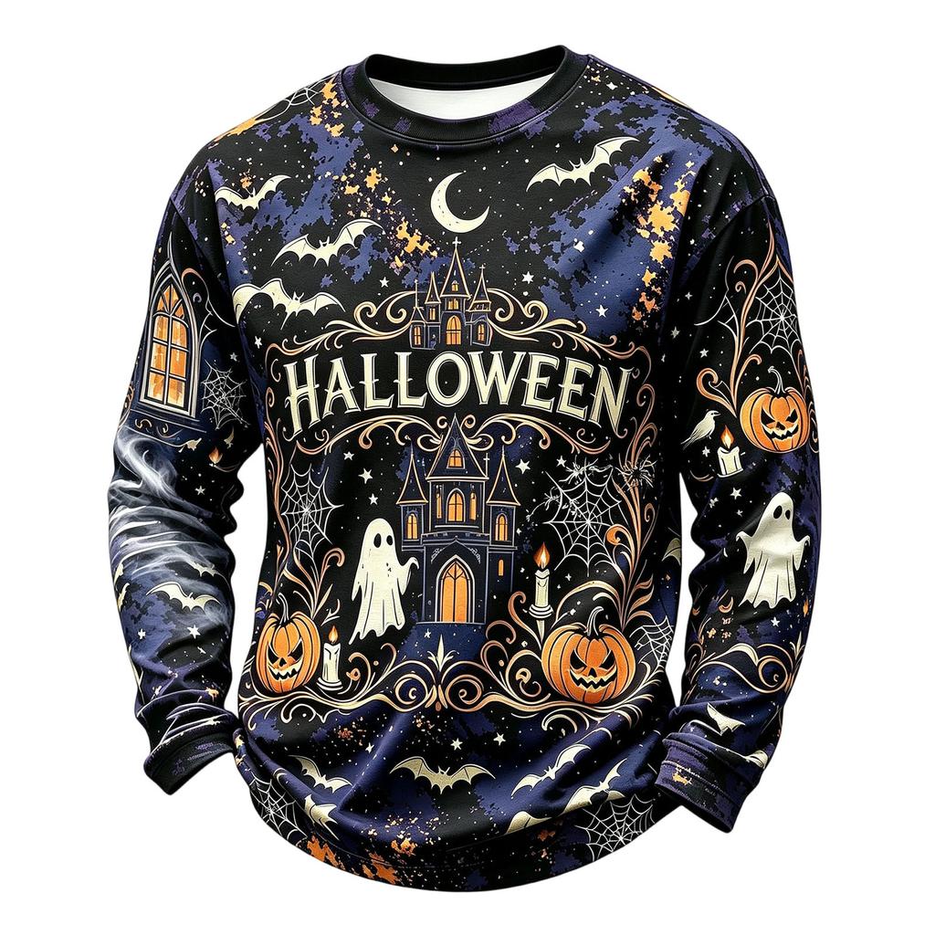 Men's Casual Knit Long Sleeve Neck T-Shirt with Halloween Print
