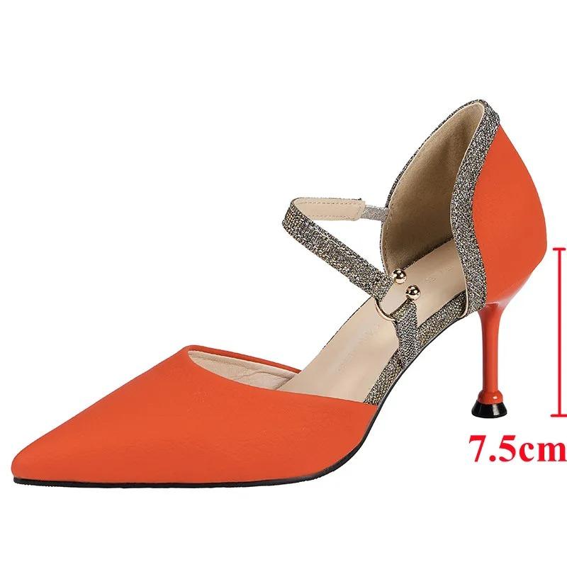

Модные разноцветные туфли на высоком каблуке с ремешком на щиколотке, женские туфли-лодочки из искусственной кожи на тонком каблуке, женские туфли 2024 года, новые блестящие туфли в стиле пэчворк для вечеринок 39 оранжевый