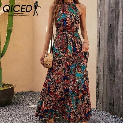 Frühling und Herbst frauen Print Retro Neck Bohemian Kleid Frauen
