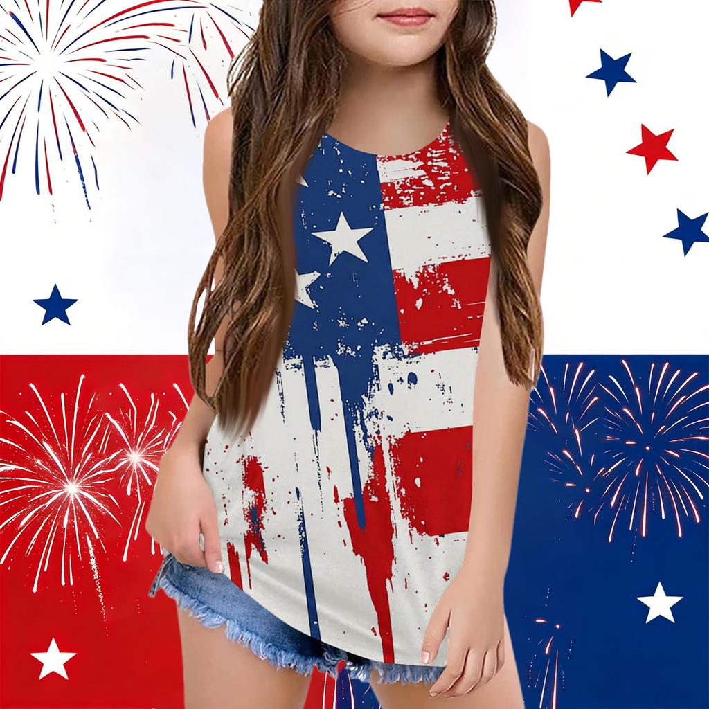 Girls  Kids Summer Crewneck Sleeveless Shirts Tank Tops Independence Day