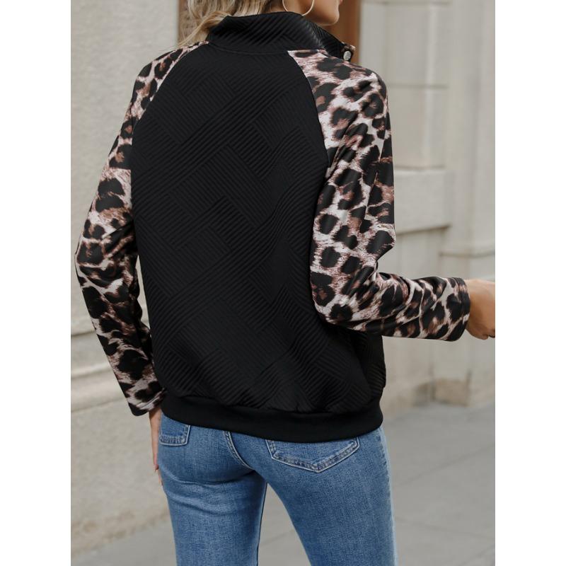 Autumn Winter Street Style Leopard Patchwork Casual T-shirt Women Stand Collar Sweatshirt Pullover Tee Top