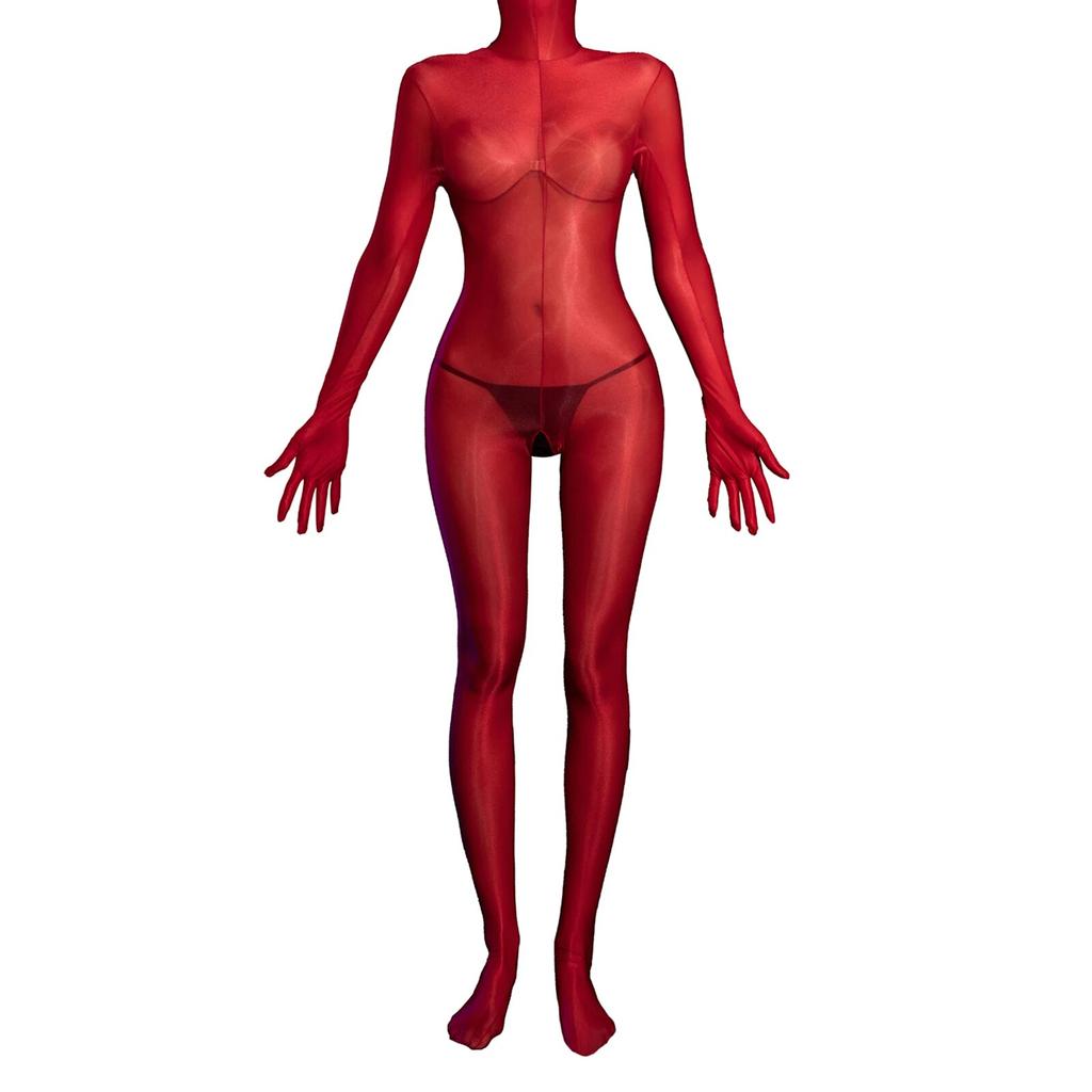 Womens Glossy Sheer Bodystocking Bodysuit Fully Head Hands Covering Crotchless See-Through Tempting Teddies Lingerie Nightwear