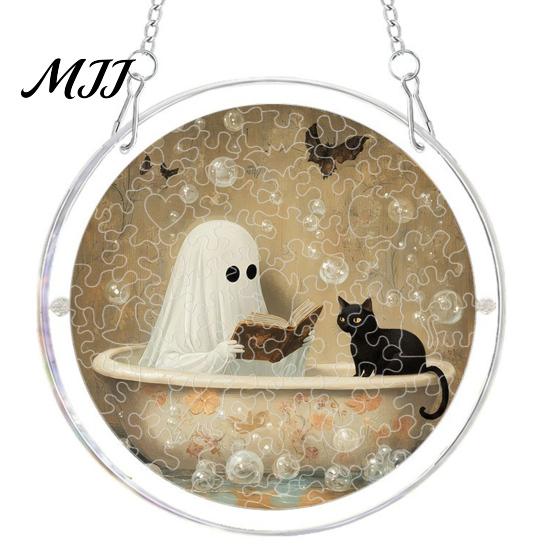 Transparent Halloween Wall Decor Acrylic Suncatcher Jigsaw Puzzle Set, Spooky Ghost Floral Meadow Window Hanging Ornament with Metal Decoration