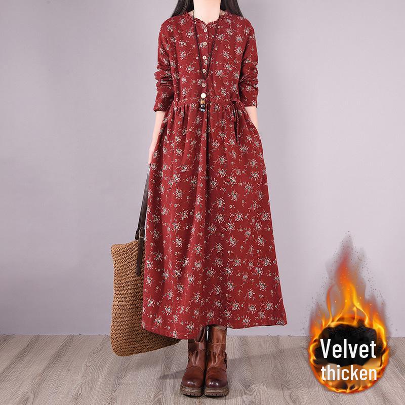 Women's Retro Floral Velvet-Lined Cotton Linen Dress - Round Neck, Long Sleeves, Loose Fit for Autumn/Winter 2023.