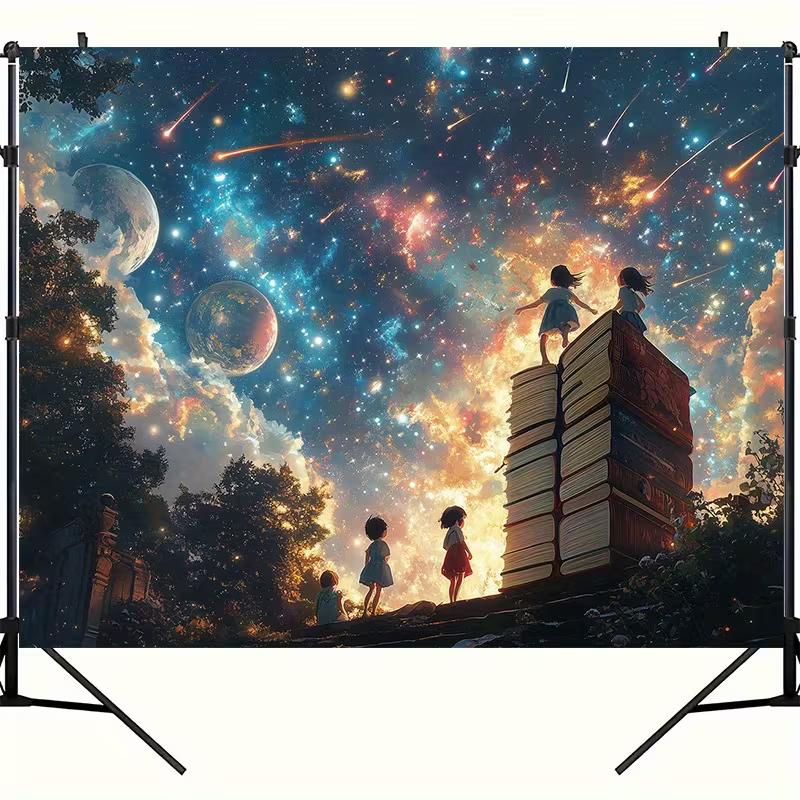 Magical Reading 2D Backdrop, Cosmic Sky & Bookstack Photo Background