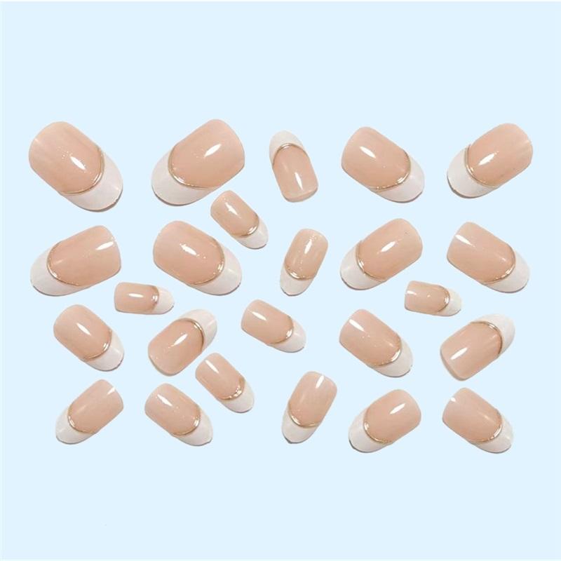 Simple Three-dimensional Gold-edged White French Oval Nails, Fake Nails, Versatile And Beautiful Wearable Nails