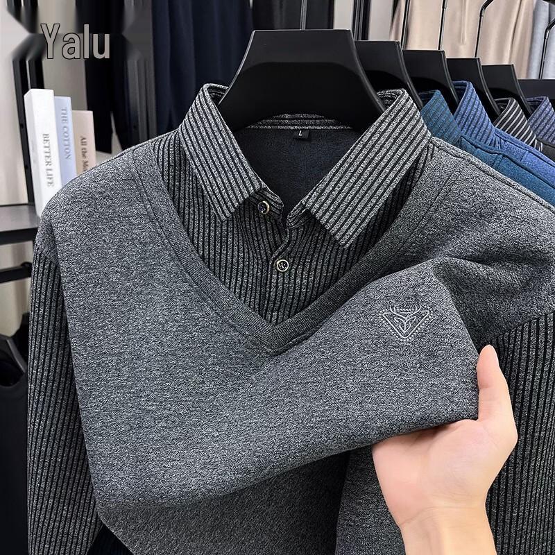 Yalu Men's Fleece-Lined Thermal Knit Sweater with Mock Layer Design