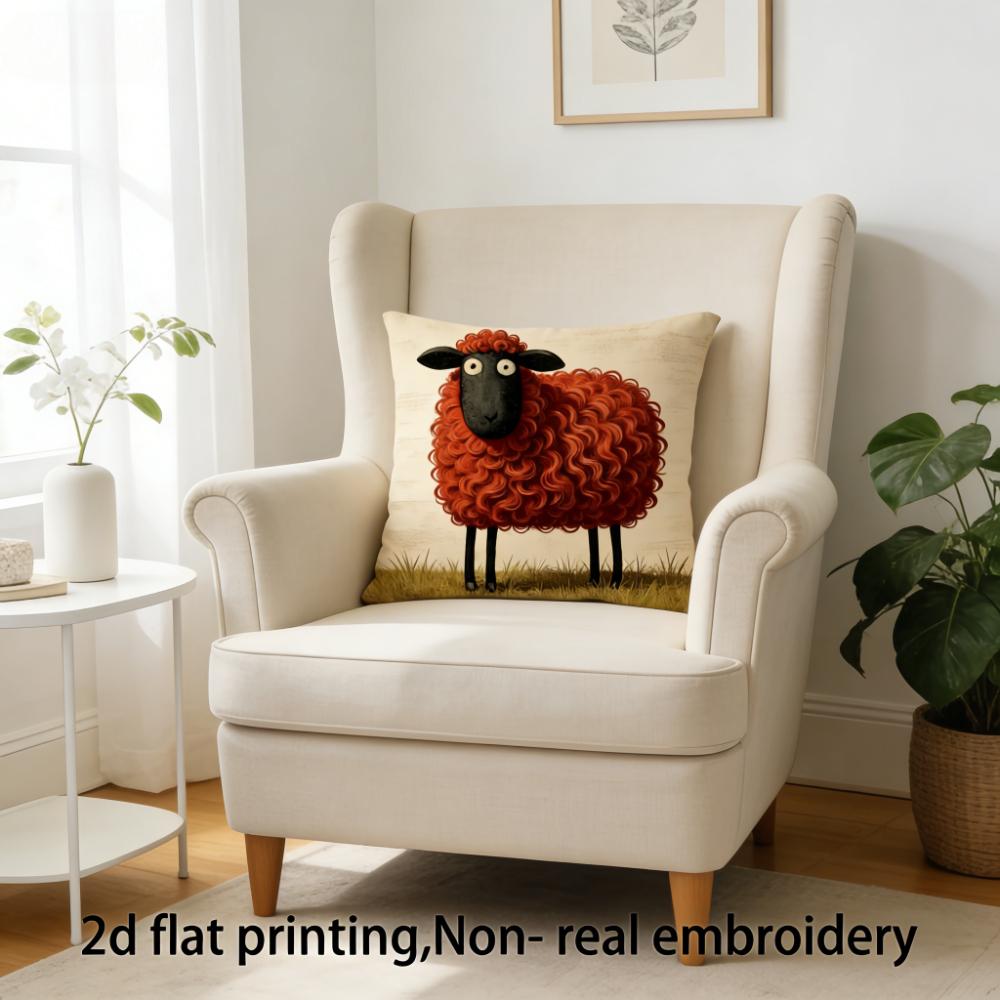 Cute Red Sheep Pillow Cover 2D Print Cartoon Farm Animal Cushion Case For Sofa Bed Couch Cozy Rustic Country Home Decor Gifts